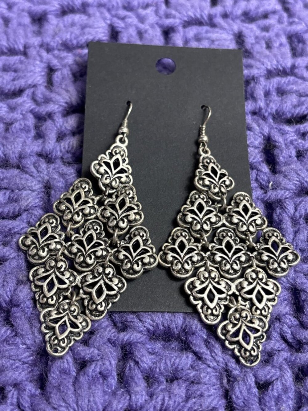 Ornate Silvertone Statement Dangle Earrings 2.5 inches